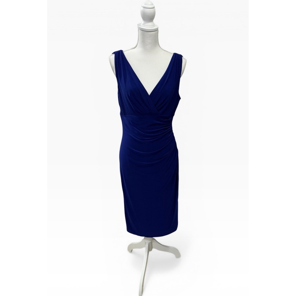 Lauren Ralph Lauren 10 Ruched Side Sheath Dress Blue V-Neck Jersey Cobalt Classy - Picture 2 of 9